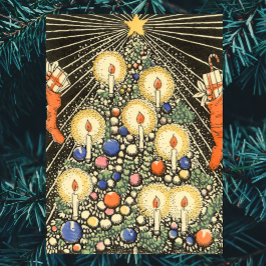 Póster Natais vintages, Árvore com Velas e Estrela