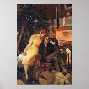 Póster Natais vintages, Casal de Amor e Romance