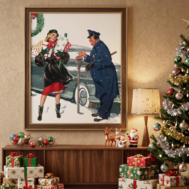 Póster Natais vintages, Comprando Presentes Policiais (Vintage illustration Christmas design featuring a lady carrying presents with a police officer.)