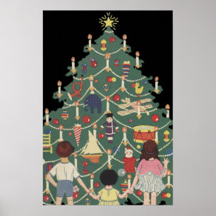 Póster natais vintages em torno de uma árvore decorada