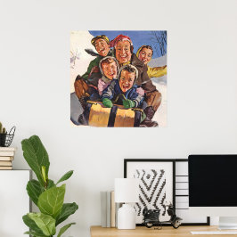 Poster Natais vintages, Feliz Família Toboggan Sledim