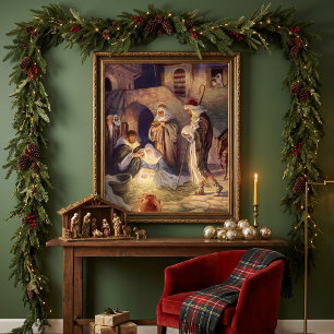 Póster natais vintages Natividade, 3 Pastores e Jesus