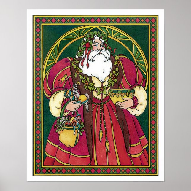 Poster Natais vintages, Papai Noel com Holly Leaves (Frente)