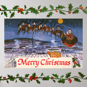 Póster Natais vintages Papai Noel Voando Sua Altura