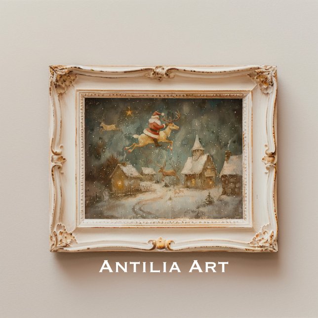 Poster Natais vintages pintando Papai Noel e Reindeer (Criador carregado)