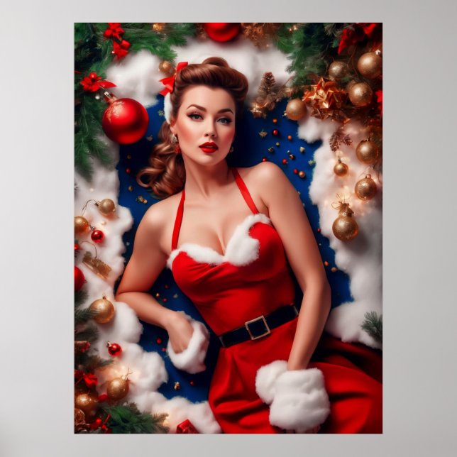 Poster Natais vintages Pinup Santa Claus Lady (Frente)