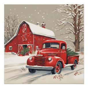 Póster Natais vintages Red Truck e Red Barn