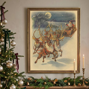 Poster Natais vintages Santa Claus Sleigh com Reindeer