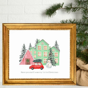 Poster Natal alegre de inverno cottage aquarela vintage