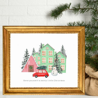Poster Natal alegre de inverno cottage aquarela vintage