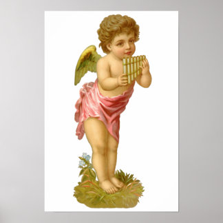 Póster Natal Antigo, Anjo Músico com Flauta de Pã