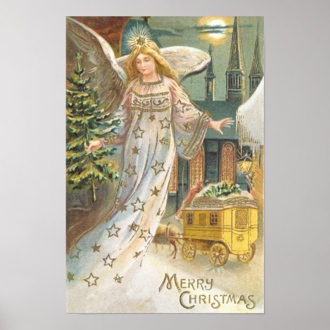 Póster Natal Antigo, Anjo Vitoriano com Árvore (Frente)