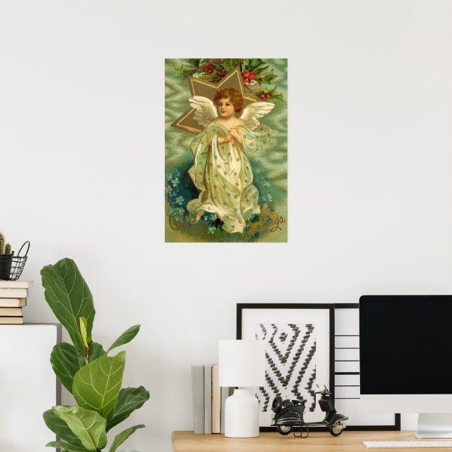 Póster Natal Antigo, Anjo Vitoriano com Estrelas Douradas (Escritório em casa)