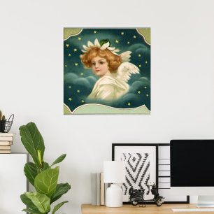 Poster Natal Antigo, Anjo Vitoriano com Estrelas Douradas
