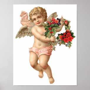 Póster Natal Antigo, Anjo Vitoriano com Grinalda Floral
