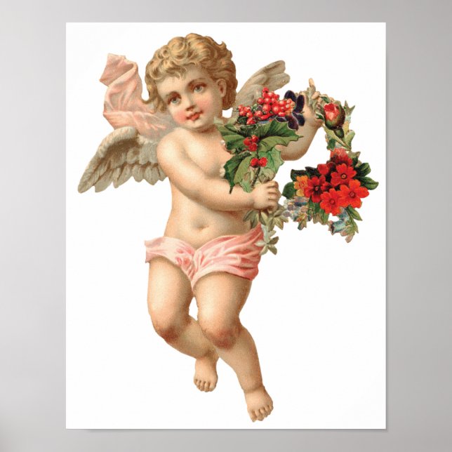 Póster Natal Antigo, Anjo Vitoriano com Grinalda Floral (Frente)