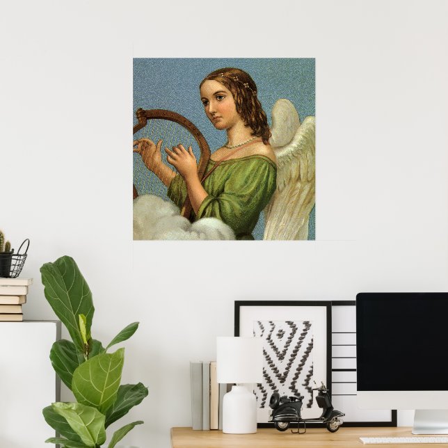 Póster Natal Antigo, Anjo Vitoriano com Harpa Musical (Escritório em casa)