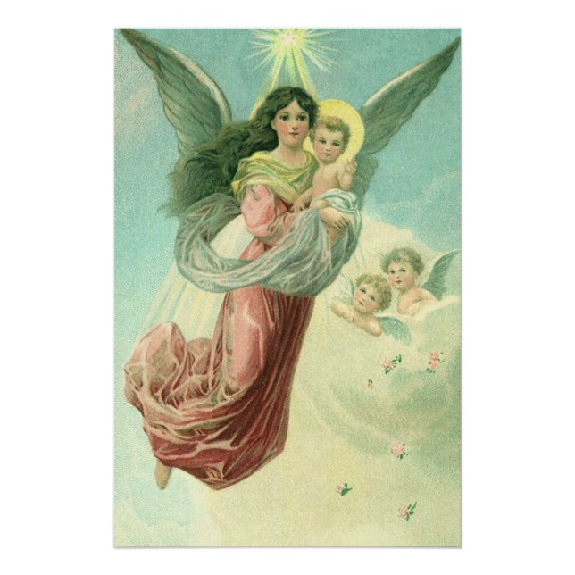 Póster Natal Antigo, Anjo Vitoriano com Menino Jesus (Frente)