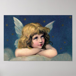 Poster Natal Antigo, Belo Anjo com Estrelas Douradas