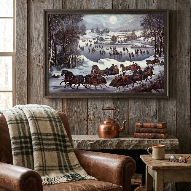 Póster Natal Antigo, Central Park no Inverno (Vintage illustration Christmas image originally published by Currier & Ives - Central Park in Winter)