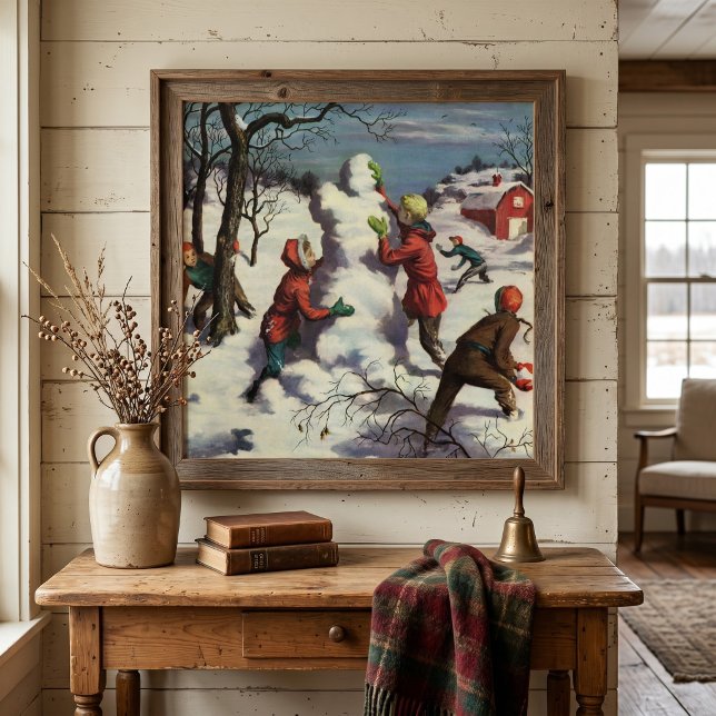Póster Natal Antigo, Crianças Brigando com Bolas de Neve (Vintage illustration Christmas design featuring children building a snowman and a snowball fight. )