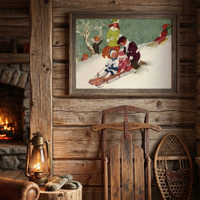 Póster Natal Antigo, Crianças Deslizando no Trono na Neve (Vintage illustration Christmas image with children playing in the snow on a sled.)