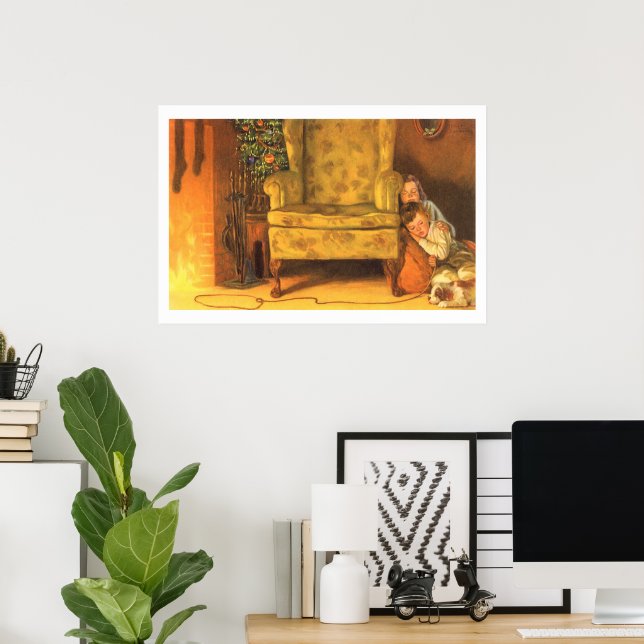 Póster Natal Antigo Crianças Esperando Papai Noel (Escritório em casa)
