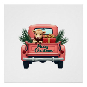 Póster Natal Antigo Feliz Vaca das Terras Altas em Fazend