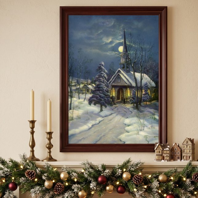 Poster Natal Antigo, Igreja de Inverno na Neve com Lua (Vintage illustration religious Christmas image featuring a church snowscape at night and full moon.)