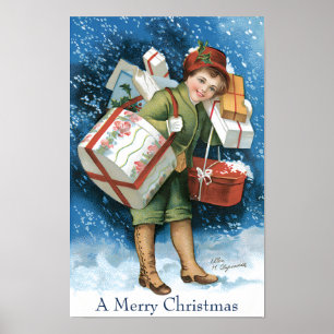 Póster Natal Antigo, Menina com Presentes na Neve de Inve