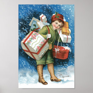 Póster Natal Antigo, Menina com Presentes na Neve de Inve