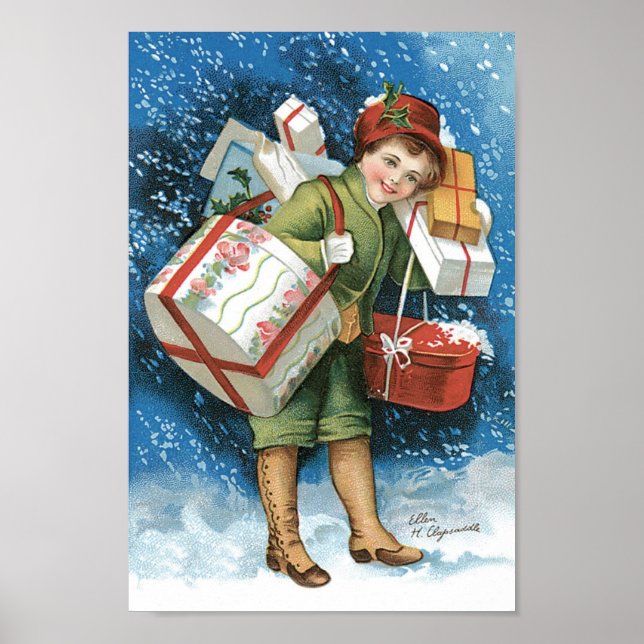 Póster Natal Antigo, Menina com Presentes na Neve de Inve (Frente)