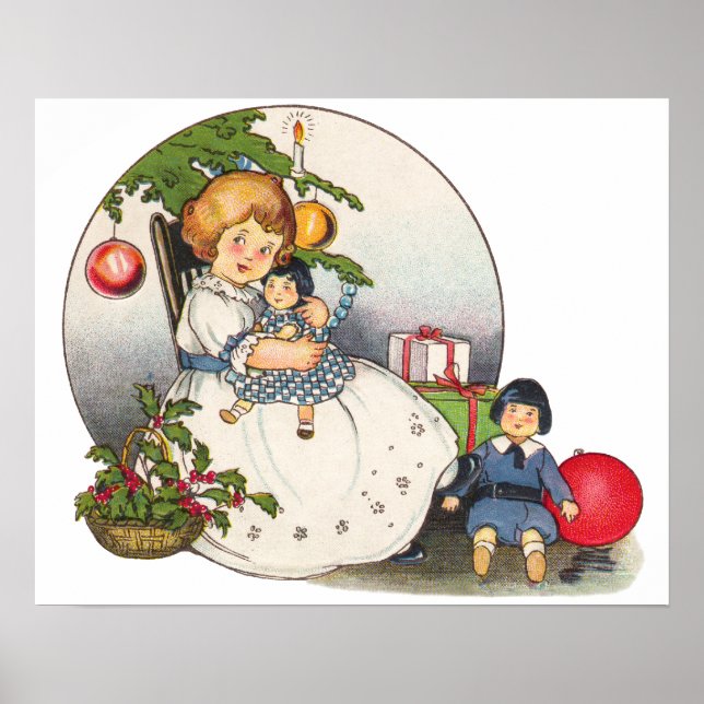 Poster Natal Antigo, Menina Feliz Brincando com Bonecas (Frente)