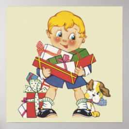 Póster Natal Antigo, Menino com Presentes e Cachorrinho
