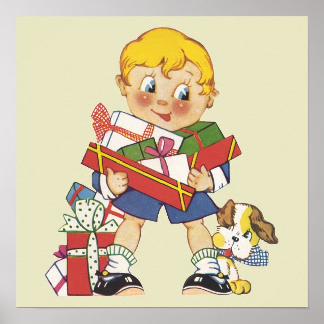 Póster Natal Antigo, Menino com Presentes e Cachorrinho (Frente)