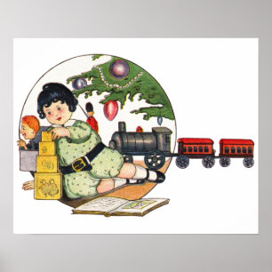 Póster Natal Antigo, Menino Feliz Brincando com Brinquedo