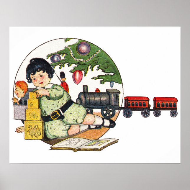 Póster Natal Antigo, Menino Feliz Brincando com Brinquedo (Frente)