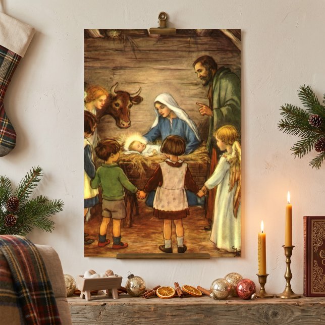 Póster Natal Antigo, Natal Religioso com o Menino Jesus (Vintage illustration religious Christmas image featuring a classic nativity scene in the manger.)
