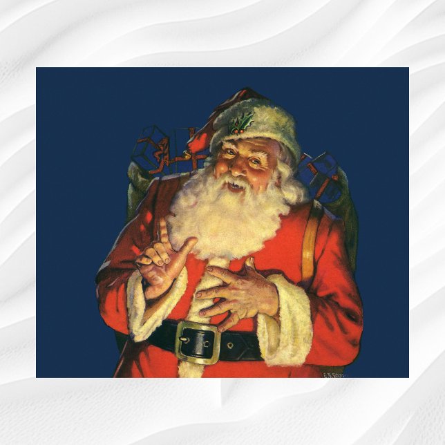 Poster Natal Antigo, Papai Noel Alegre com Brinquedos (Vintage illustration Christmas design featuring a happy, jolly Santa Claus with a sack full of toys.)