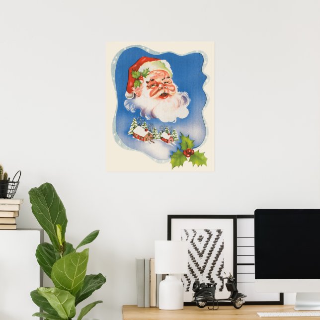 Poster Natal Antigo, Papai Noel Alegre Retro (Escritório em casa)