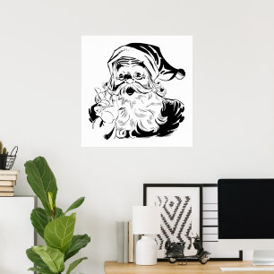 Poster Natal Antigo, Papai Noel Alegre Retro, Preto