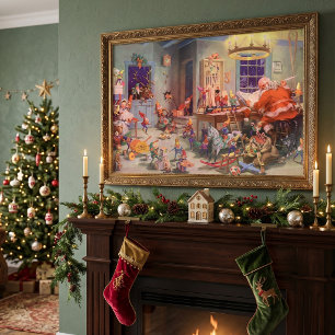 Poster Natal Antigo, Papai Noel com Oficina de Elfos