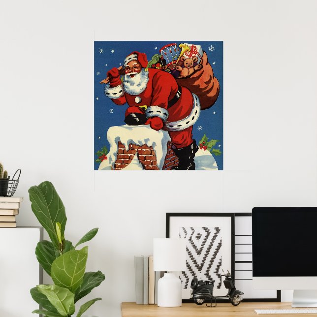 Póster Natal Antigo, Papai Noel Descendo a Chaminé com Br (Escritório em casa)