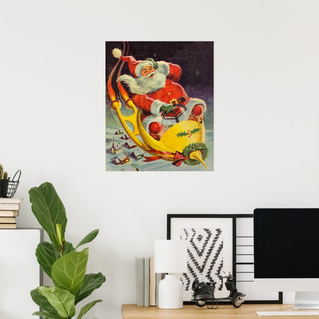 Poster Natal Antigo, Papai Noel em uma Espaçonave (Escritório em casa)