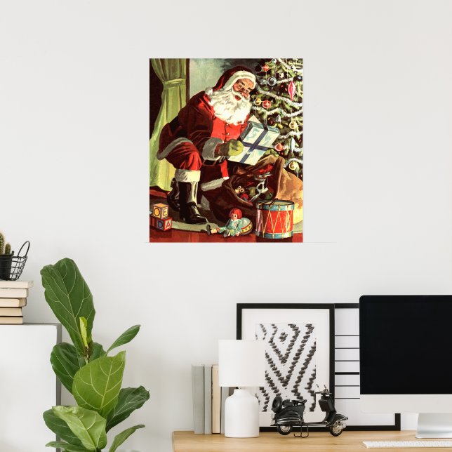 Poster Natal Antigo, Papai Noel Retrô com Presentes (Escritório em casa)