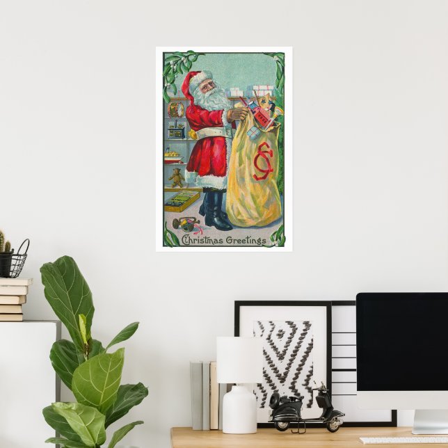 Poster Natal Antigo, Papai Noel Vitoriano com Brinquedos (Escritório em casa)