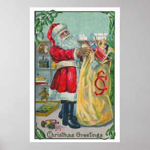 Poster Natal Antigo, Papai Noel Vitoriano com Brinquedos