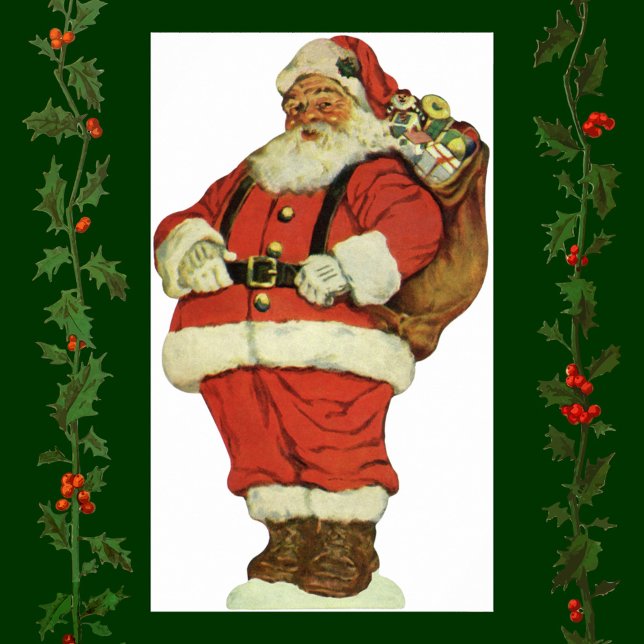 Póster Natal Antigo, Papai Noel Vitoriano com Brinquedos (Vintage illustration Christmas image featuring an antique die cut with a Santa Claus carrying toys.)