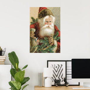 Poster Natal Antigo, Papai Noel Vitoriano com Pinheiro
