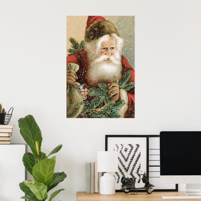 Poster Natal Antigo, Papai Noel Vitoriano com Pinheiro (Escritório em casa)